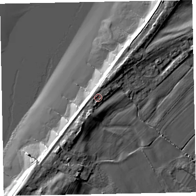 Shaded relief map of the ground around CA74QS, computed from Environment Agency LiDAR. The ground here sits at about 8 m above sea level and falls 13 m across the surrounding 800 m. Surface water reaching this point runs off ground lying to the south-south-west, 1.6 m higher.