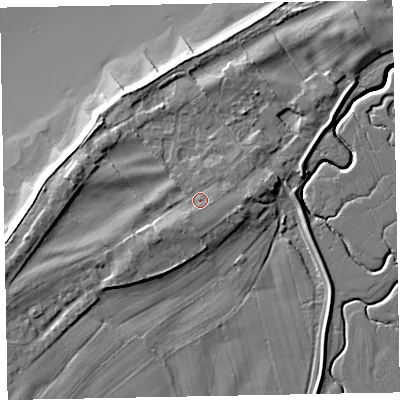 Shaded relief map of the ground around CA74QU, computed from Environment Agency LiDAR. The ground here sits at about 8 m above sea level and falls 13 m across the surrounding 800 m. Surface water reaching this point runs off ground lying to the south-south-west, 1.8 m higher.