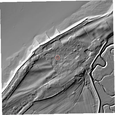 Shaded relief map of the ground around CA74QX, computed from Environment Agency LiDAR. The ground here sits at about 7 m above sea level and falls 13 m across the surrounding 800 m. Surface water reaching this point runs off ground lying to the west-south-west, 4.4 m higher.