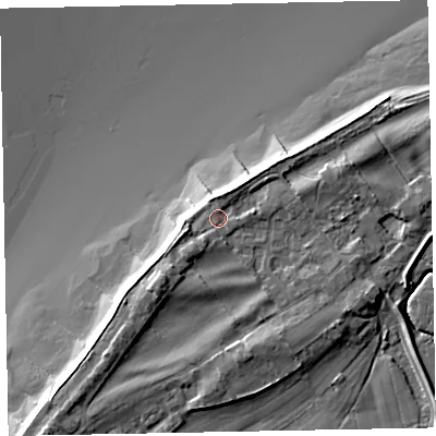 Shaded relief map of the ground around CA74QY, computed from Environment Agency LiDAR. The ground here sits at about 7 m above sea level and falls 13 m across the surrounding 800 m. Surface water reaching this point runs off ground lying to the south-west, 3.2 m higher.