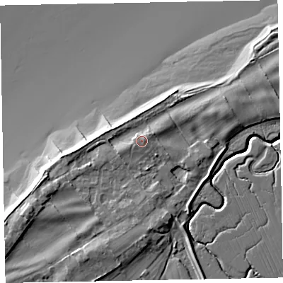Shaded relief map of the ground around CA74QZ, computed from Environment Agency LiDAR. The ground here sits at about 8 m above sea level and falls 13 m across the surrounding 800 m. Surface water reaching this point runs off ground lying to the east-north-east, 0.8 m higher.