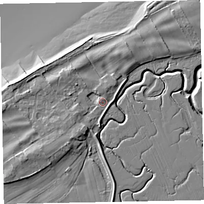 Shaded relief map of the ground around CA74RA, computed from Environment Agency LiDAR. The ground here sits at about 7 m above sea level and falls 11 m across the surrounding 800 m. Surface water reaching this point runs off ground lying to the south-west, 4.5 m higher.