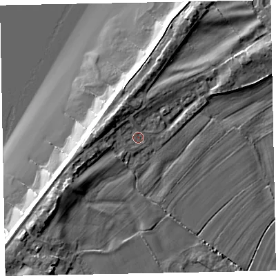 Shaded relief map of the ground around CA74RB, computed from Environment Agency LiDAR. The ground here sits at about 6 m above sea level and falls 13 m across the surrounding 800 m. Surface water reaching this point runs off ground lying to the north-west, 3.5 m higher.