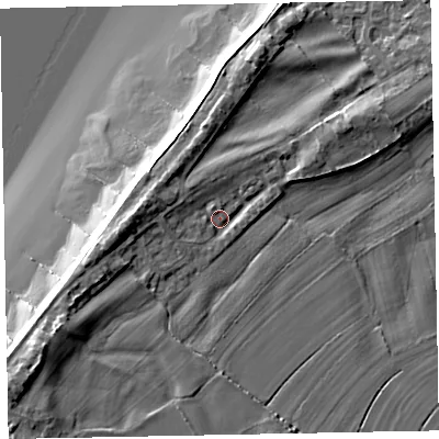 Shaded relief map of the ground around CA74RD, computed from Environment Agency LiDAR. The ground here sits at about 6 m above sea level and falls 13 m across the surrounding 800 m. Surface water reaching this point runs off ground lying to the west-north-west, 3.2 m higher.