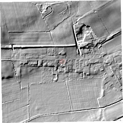 Shaded relief map of the ground around CA74RU, computed from Environment Agency LiDAR. The ground here sits at about 12 m above sea level and falls 15 m across the surrounding 800 m. Surface water reaching this point runs off ground lying to the north, 3.7 m higher.