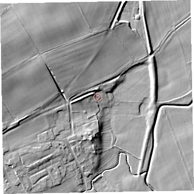 Shaded relief map of the ground around CA74SX, computed from Environment Agency LiDAR. The ground here sits at about 9 m above sea level and falls 18 m across the surrounding 800 m. Surface water reaching this point runs off ground lying to the west-north-west, 8.3 m higher.