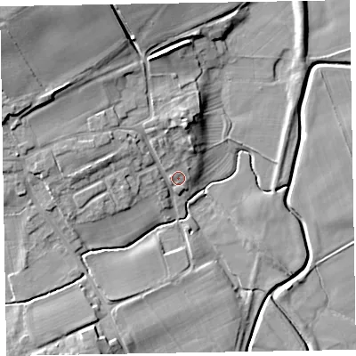 Shaded relief map of the ground around CA74SY, computed from Environment Agency LiDAR. The ground here sits at about 9 m above sea level and falls 17 m across the surrounding 800 m. Surface water reaching this point runs off ground lying to the north, 5.0 m higher.
