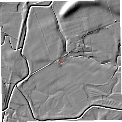 Shaded relief map of the ground around CA74SZ, computed from Environment Agency LiDAR. The ground here sits at about 7 m above sea level and falls 9 m across the surrounding 800 m. Surface water reaching this point runs off ground lying to the west-south-west, 1.5 m higher.