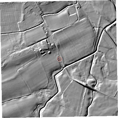 Shaded relief map of the ground around CA74TG, computed from Environment Agency LiDAR. The ground here sits at about 8 m above sea level and falls 9 m across the surrounding 800 m. Surface water reaching this point runs off ground lying to the west-north-west, 6.0 m higher.