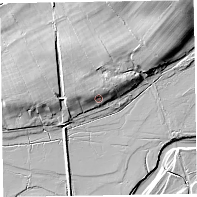 Shaded relief map of the ground around CA75AA, computed from Environment Agency LiDAR. The ground here sits at about 9 m above sea level and falls 14 m across the surrounding 800 m. Surface water reaching this point runs off ground lying to the north-north-west, 4.0 m higher.