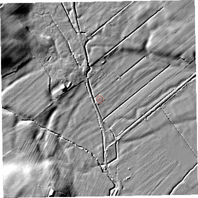 Shaded relief map of the ground around CA75AB, computed from Environment Agency LiDAR. The ground here sits at about 7 m above sea level and falls 11 m across the surrounding 800 m. Surface water reaching this point runs off ground lying to the south-south-west, 0.7 m higher.