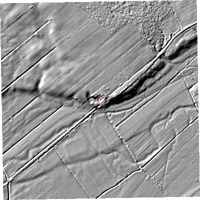 Shaded relief map of the ground around CA75AD, computed from Environment Agency LiDAR. The ground here sits at about 8 m above sea level and falls 4 m across the surrounding 800 m. Surface water reaching this point runs off ground lying to the north-north-east, 2.2 m higher.