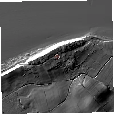 Shaded relief map of the ground around CA75AF, computed from Environment Agency LiDAR. The ground here sits at about 17 m above sea level and falls 20 m across the surrounding 800 m. Surface water reaching this point runs off ground lying to the west-north-west, 3.8 m higher.