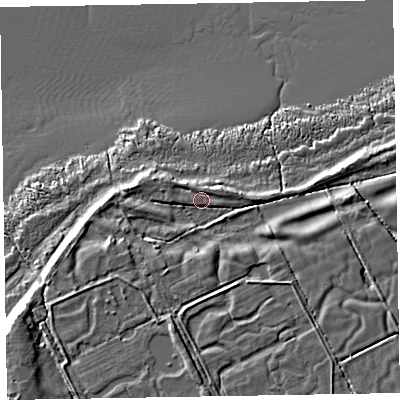 Shaded relief map of the ground around CA75AG, computed from Environment Agency LiDAR. The ground here sits at about 7 m above sea level and falls 9 m across the surrounding 800 m. Surface water reaching this point runs off ground lying to the south-south-west, 3.5 m higher.