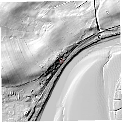Shaded relief map of the ground around CA75AH, computed from Environment Agency LiDAR. The ground here sits at about 8 m above sea level and falls 18 m across the surrounding 800 m. Surface water reaching this point runs off ground lying to the west, 8.2 m higher.