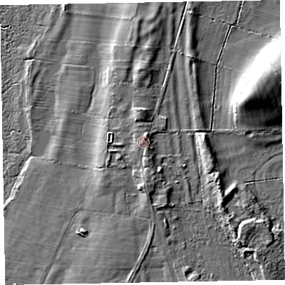 Shaded relief map of the ground around CA75AQ, computed from Environment Agency LiDAR. The ground here sits at about 12 m above sea level and falls 14 m across the surrounding 800 m. Surface water reaching this point runs off ground lying to the north-north-east, 1.6 m higher.