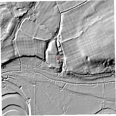 Shaded relief map of the ground around CA75BE, computed from Environment Agency LiDAR. The ground here sits at about 8 m above sea level and falls 8 m across the surrounding 800 m. Surface water reaching this point runs off ground lying to the north, 3.2 m higher.