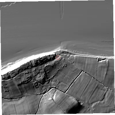 Shaded relief map of the ground around CA75BH, computed from Environment Agency LiDAR. The ground here sits at about 9 m above sea level and falls 20 m across the surrounding 800 m. Surface water reaching this point runs off ground lying to the west, 11.0 m higher.