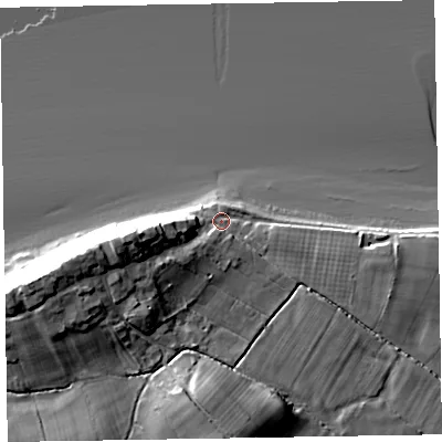 Shaded relief map of the ground around CA75BP, computed from Environment Agency LiDAR. The ground here sits at about 8 m above sea level and falls 20 m across the surrounding 800 m. Surface water reaching this point runs off ground lying to the west-south-west, 11.9 m higher.