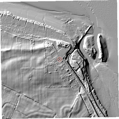 Shaded relief map of the ground around CA75BU, computed from Environment Agency LiDAR. The ground here sits at about 9 m above sea level and falls 10 m across the surrounding 800 m. Surface water reaching this point runs off ground lying to the west-south-west, 1.6 m higher.