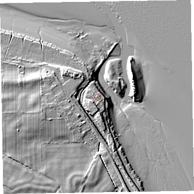 Shaded relief map of the ground around CA75BX, computed from Environment Agency LiDAR. The ground here sits at about 7 m above sea level and falls 10 m across the surrounding 800 m. Surface water reaching this point runs off ground lying to the south-west, 3.4 m higher.
