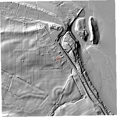 Shaded relief map of the ground around CA75DA, computed from Environment Agency LiDAR. The ground here sits at about 9 m above sea level and falls 11 m across the surrounding 800 m. Surface water reaching this point runs off ground lying to the north, 1.0 m higher.
