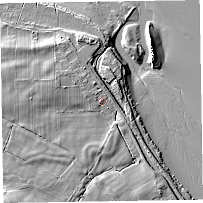 Shaded relief map of the ground around CA75DB, computed from Environment Agency LiDAR. The ground here sits at about 8 m above sea level and falls 13 m across the surrounding 800 m. Surface water reaching this point runs off ground lying to the west-north-west, 3.3 m higher.