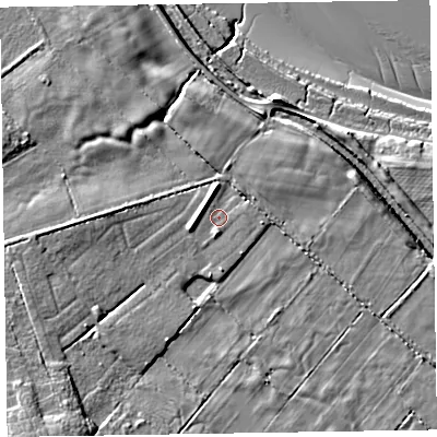 Shaded relief map of the ground around CA75DH, computed from Environment Agency LiDAR. The ground here sits at about 8 m above sea level and falls 10 m across the surrounding 800 m. Surface water reaching this point runs off ground lying to the south-west, 4.6 m higher.