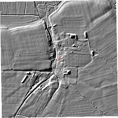 Shaded relief map of the ground around CA75DL, computed from Environment Agency LiDAR. The ground here sits at about 7 m above sea level and falls 9 m across the surrounding 800 m. Surface water reaching this point runs off ground lying to the south-south-east, 8.0 m higher.