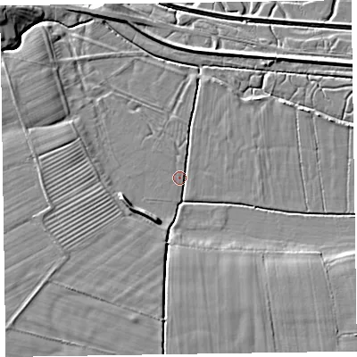 Shaded relief map of the ground around CA75DN, computed from Environment Agency LiDAR. The ground here sits at about 6 m above sea level and falls 8 m across the surrounding 800 m. Surface water reaching this point runs off ground lying to the west-south-west, 4.8 m higher.