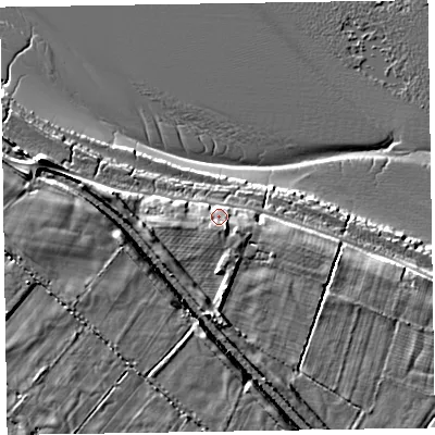 Shaded relief map of the ground around CA75DQ, computed from Environment Agency LiDAR. The ground here sits at about 8 m above sea level and falls 10 m across the surrounding 800 m. Surface water reaching this point runs off ground lying to the south-south-east, 2.9 m higher.