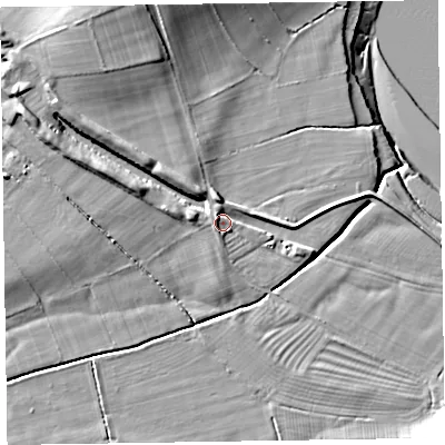 Shaded relief map of the ground around CA75DS, computed from Environment Agency LiDAR. The ground here sits at about 8 m above sea level and falls 14 m across the surrounding 800 m. Surface water reaching this point runs off ground lying to the north, 4.4 m higher.