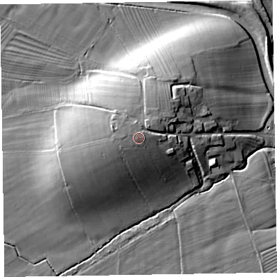 Shaded relief map of the ground around CA75DW, computed from Environment Agency LiDAR. The ground here sits at about 21 m above sea level and falls 21 m across the surrounding 800 m. The ground contributing surface water to this point lies to the north.