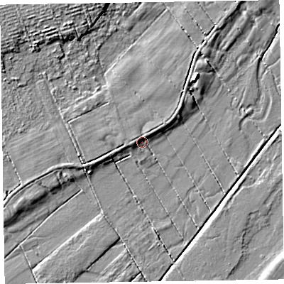 Shaded relief map of the ground around CA75EF, computed from Environment Agency LiDAR. The ground here sits at about 8 m above sea level and falls 6 m across the surrounding 800 m. Surface water reaching this point runs off ground lying to the west, 1.9 m higher.