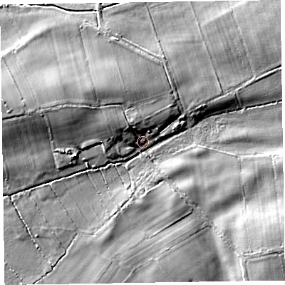 Shaded relief map of the ground around CA75ER, computed from Environment Agency LiDAR. The ground here sits at about 9 m above sea level and falls 9 m across the surrounding 800 m. Surface water reaching this point runs off ground lying to the south-east, 7.9 m higher.
