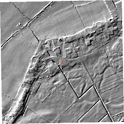 Shaded relief map of the ground around CA75ET, computed from Environment Agency LiDAR. The ground here sits at about 9 m above sea level and falls 6 m across the surrounding 800 m. Surface water reaching this point runs off ground lying to the north-north-west, 1.2 m higher.