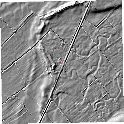 Shaded relief map of the ground around CA75HD, computed from Environment Agency LiDAR. The ground here sits at about 9 m above sea level and falls 3 m across the surrounding 800 m. Surface water reaching this point runs off ground lying to the south-south-west, 1.1 m higher.