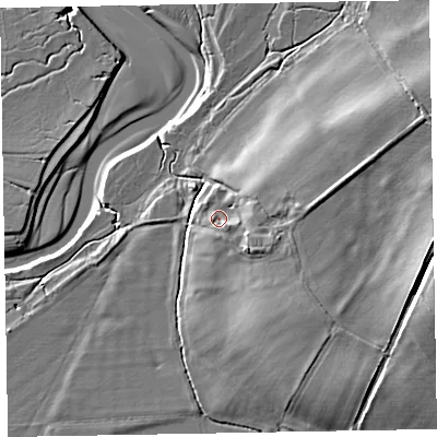 Shaded relief map of the ground around CA75HJ, computed from Environment Agency LiDAR. The ground here sits at about 8 m above sea level and falls 11 m across the surrounding 800 m. Surface water reaching this point runs off ground lying to the east, 3.2 m higher.