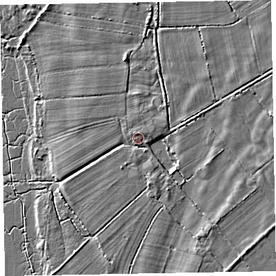 Shaded relief map of the ground around CA75HL, computed from Environment Agency LiDAR. The ground here sits at about 8 m above sea level and falls 5 m across the surrounding 800 m. Surface water reaching this point runs off ground lying to the north, 0.8 m higher.