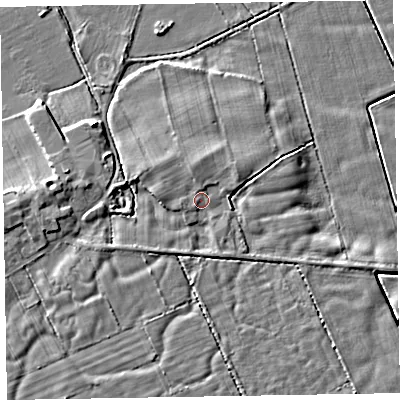 Shaded relief map of the ground around CA75HN, computed from Environment Agency LiDAR. The ground here sits at about 9 m above sea level and falls 6 m across the surrounding 800 m. Surface water reaching this point runs off ground lying to the west, 1.4 m higher.