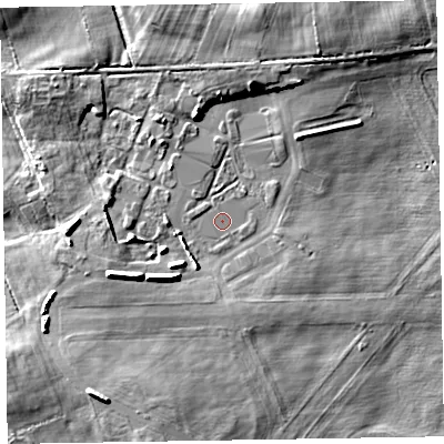Shaded relief map of the ground around CA75HP, computed from Environment Agency LiDAR. The ground here sits at about 10 m above sea level and falls 7 m across the surrounding 800 m. The ground contributing surface water to this point lies to the north-north-west.