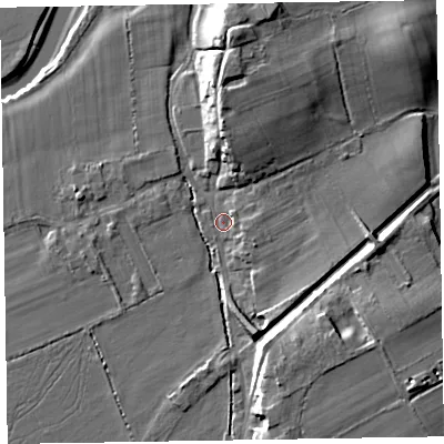 Shaded relief map of the ground around CA75HT, computed from Environment Agency LiDAR. The ground here sits at about 7 m above sea level and falls 12 m across the surrounding 800 m. Surface water reaching this point runs off ground lying to the north-east, 1.6 m higher.