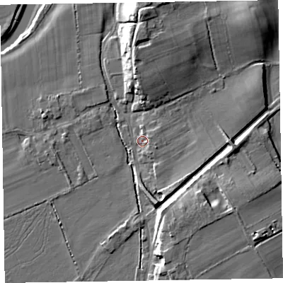 Shaded relief map of the ground around CA75HU, computed from Environment Agency LiDAR. The ground here sits at about 7 m above sea level and falls 12 m across the surrounding 800 m. Surface water reaching this point runs off ground lying to the east-north-east, 2.3 m higher.