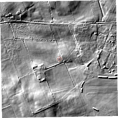 Shaded relief map of the ground around CA75HW, computed from Environment Agency LiDAR. The ground here sits at about 10 m above sea level and falls 7 m across the surrounding 800 m. Surface water reaching this point runs off ground lying to the north-east, 1.4 m higher.
