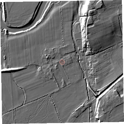 Shaded relief map of the ground around CA75HX, computed from Environment Agency LiDAR. The ground here sits at about 7 m above sea level and falls 12 m across the surrounding 800 m. Surface water reaching this point runs off ground lying to the south-west, 0.7 m higher.