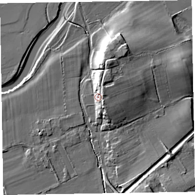 Shaded relief map of the ground around CA75HY, computed from Environment Agency LiDAR. The ground here sits at about 10 m above sea level and falls 12 m across the surrounding 800 m. Surface water reaching this point runs off ground lying to the north-east, 7.0 m higher.