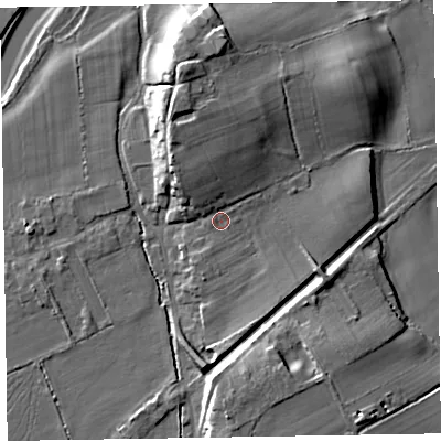 Shaded relief map of the ground around CA75HZ, computed from Environment Agency LiDAR. The ground here sits at about 8 m above sea level and falls 12 m across the surrounding 800 m. Surface water reaching this point runs off ground lying to the north, 6.7 m higher.