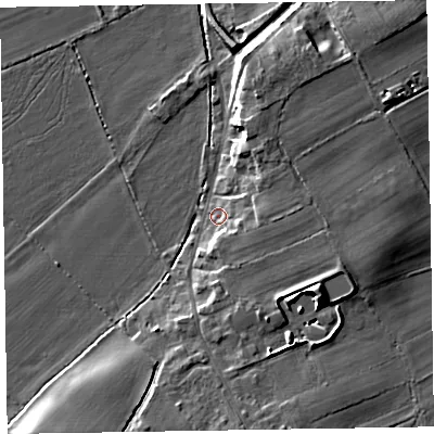 Shaded relief map of the ground around CA75JH, computed from Environment Agency LiDAR. The ground here sits at about 7 m above sea level and falls 9 m across the surrounding 800 m. Surface water reaching this point runs off ground lying to the east, 5.6 m higher.
