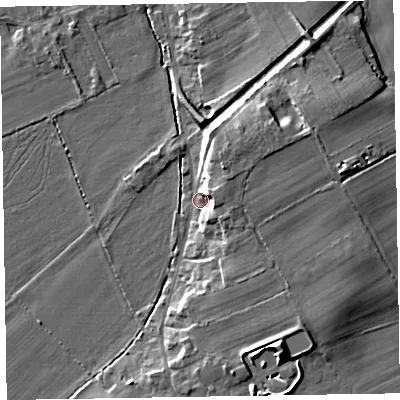 Shaded relief map of the ground around CA75JJ, computed from Environment Agency LiDAR. The ground here sits at about 7 m above sea level and falls 9 m across the surrounding 800 m. Surface water reaching this point runs off ground lying to the north-east, 7.6 m higher.