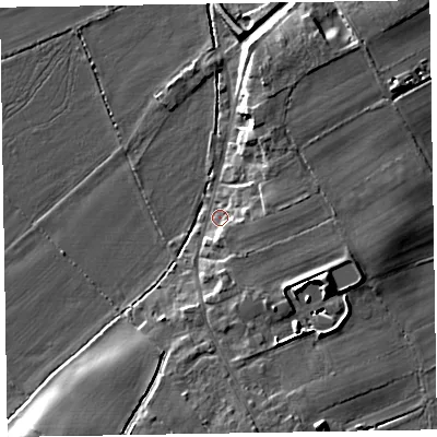 Shaded relief map of the ground around CA75JL, computed from Environment Agency LiDAR. The ground here sits at about 7 m above sea level and falls 9 m across the surrounding 800 m. Surface water reaching this point runs off ground lying to the east-north-east, 5.5 m higher.